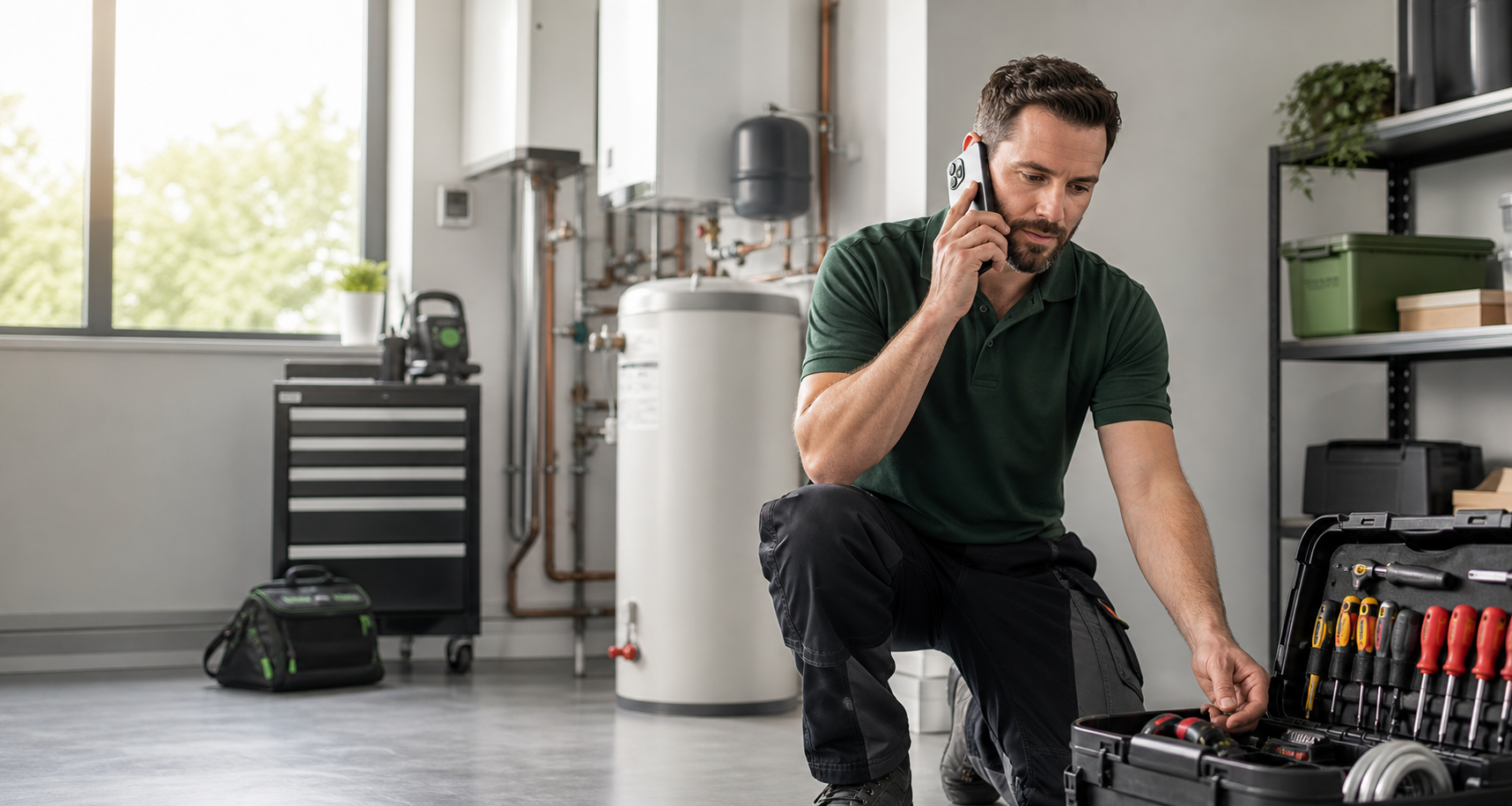 A tradesperson taking a customer call while working on-site.