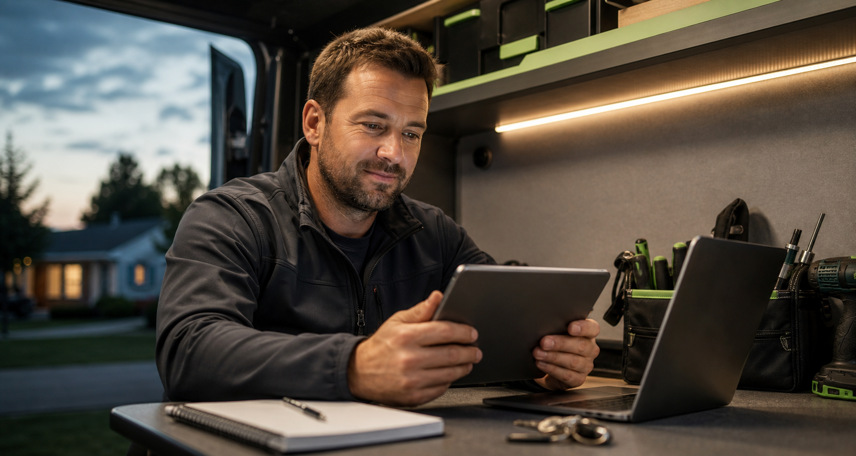 A trades business owner reviewing organized call summaries after a workday.