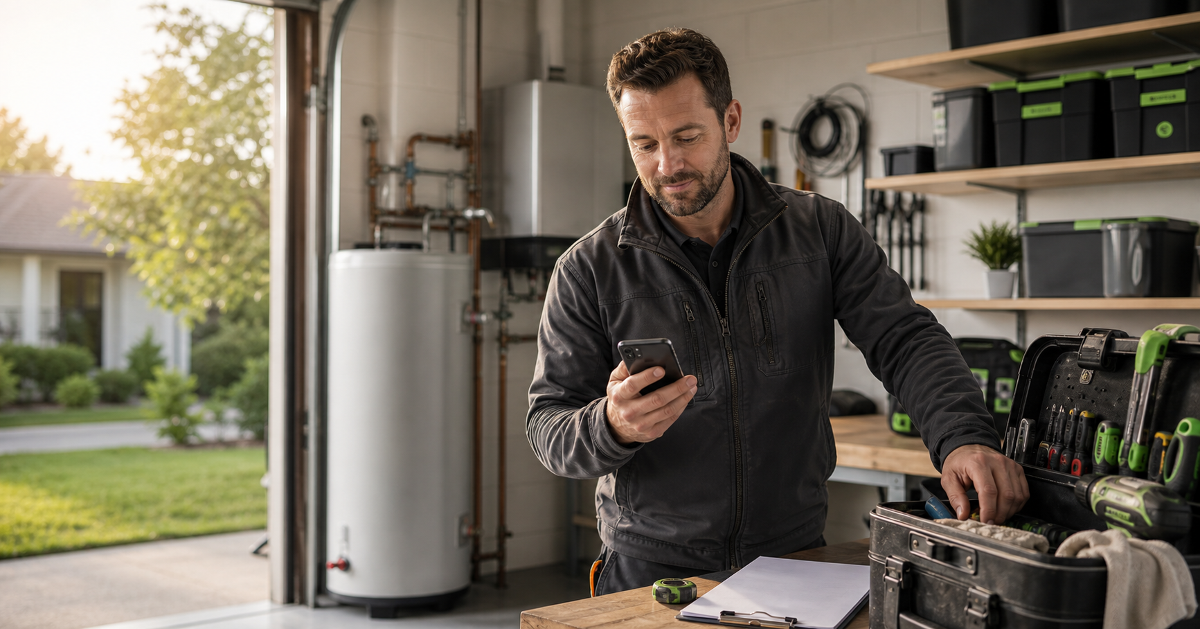 A trades business owner checking a phone while packing tools after a job.